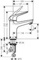 Hansgrohe Einhebel-Waschtischmischer mit zwei Anschlüssen, siphonierter Ablaufgarnitur, Maße und Form im schematischen Design dargestellt.